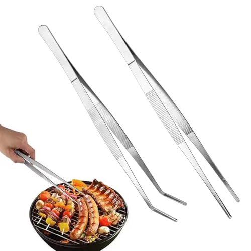 WUMZIRA Set 2 Pinze da Cucina Professionali in Acciaio Inox 430, Punta Dritta e Curva 20cm, Pinze Barbecue e Grill di Precisione per Impiattamento, Carne e Pesce, Accessori Cucina Resistenti