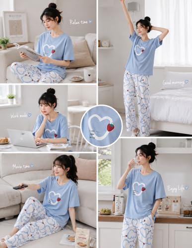 Image of Women's Pure Cotton Nightwear Set - Cute Printed Lavender Half Sleeve T-Shirt and Pajama Set for Girls, Comfortable Loungewear & Sleepwear