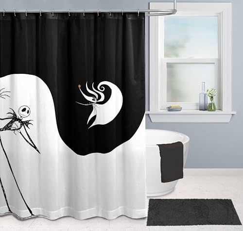 Image of Jay Franco Disney Nightmare Before Christmas Fabric Shower Curtain - Kids Swirl Black and White Bathroom Decor with Jack Skellington and Zero