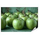 islandburner XXL Bild Poster Äpfel in frischem Grün, sorgfältig auf einem Holztisch arrangiert Küche Obsthandel