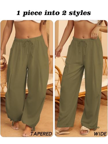 Image of Women's Linen Balloon Barrel Beach Pants Boho Harem Flowy Drawstring Casual Loose Pants with Pockets