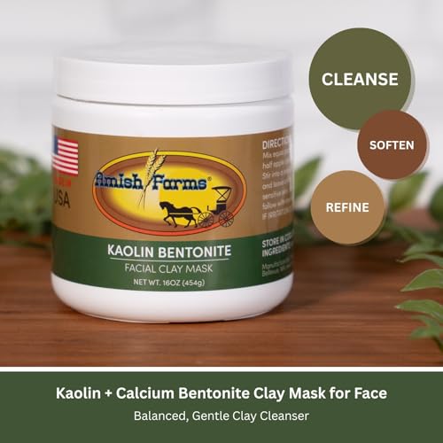 Amish Farms Clay Face Mask for Pores - Kaolin Bentonite Facial Mud Mask for Acne Blackheads Oily Sensitive Skin Deep Pore Cleansing Treatment Natural Detox Exfoliating 16 oz