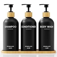 Shampoo and Conditioner Dispenser Set,Shower Soap Dispenser for Bathroom,Refillable Shampoo and Conditioner Bottles with Bamboo Pump and Tray,Soap Dispenser Bathroom for Shower (Black, 3-Pack)