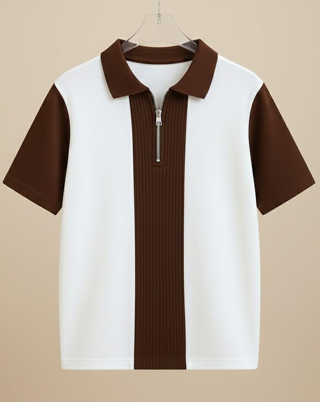 Image of AUSK Men's Textured Vertical Striped Knit Polo T-Shirt | Half Sleeve Zipper Neck Self-Design Casual Tee | Mens Tshirts