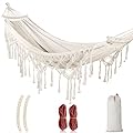 MOSFiATA Backyard Hammock with Tassels Max 500lbs Canvas Fabric Bohemian Style with Thickened Rope and Carry Bag for Outdoor, Garden, Patio, Wedding Decor (White)