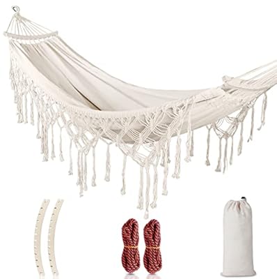MOSFiATA Backyard Hammock with Tassels Max 500lbs Canvas Fabric Bohemian Style with Thickened Rope and Carry Bag for Outdoor, Garden, Patio, Wedding Decor (White)