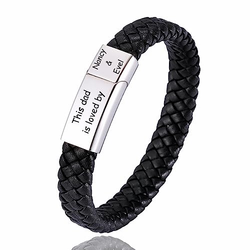 Soworth Custom Bracelets For Men, Personalized Bracelet For Men, Braided Leather Bracelet With Names Engraved, Birthday Christmas Thanksgiving Gifts For Dad, Grandpa, Uncle, Husband, Son (8.6In) #TOP25