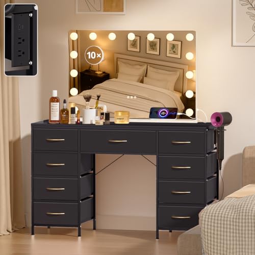COMHOMA Vanity Desk with Large Mirror,15 LED Bulbs and Power