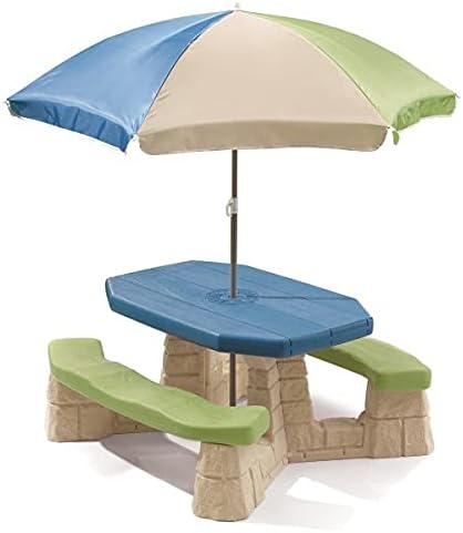 Step2 Naturally Playful Kids Picnic Table With Umbrella - Step2 Outdoor Toys with Seating for 6 Children - Kids Patio Furniture Blue & Green with Faux Stone Detail