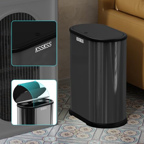 Image of KSSKSS 1.8 Gallons Small Stainless Steel Trash Can with Press Type Lid, Slim Bathroom Garbage Bin, Removable Liner Bucket, Narrow Wastebasket with Pop-Up Lid for Bedroom,Toilet (Titanium Black)