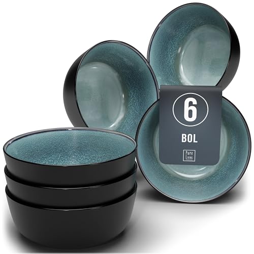 Ensemble 6 Bols Céréales Grès Ibiza - Muesli, Lave-vaisselle, Micro-ondes - Petits Bols Assiettes Creuses, Pure Living Noir Bleu Profond, Service de Table Élégant Bleu Fumé