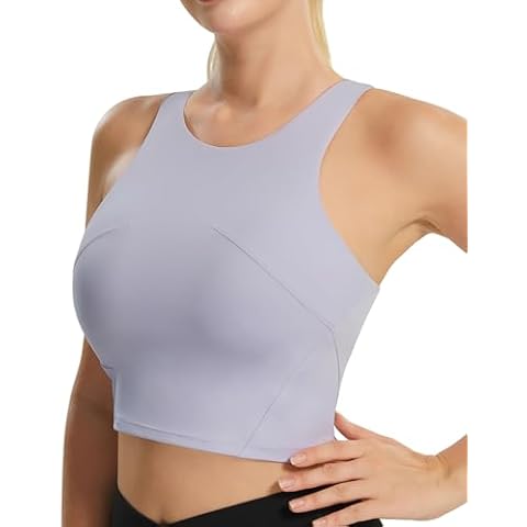 Women Sports Bra- High Crew Neck Workout Tops Running Gym Casual Tank top with Built-in Bra Misty Lilac Cover