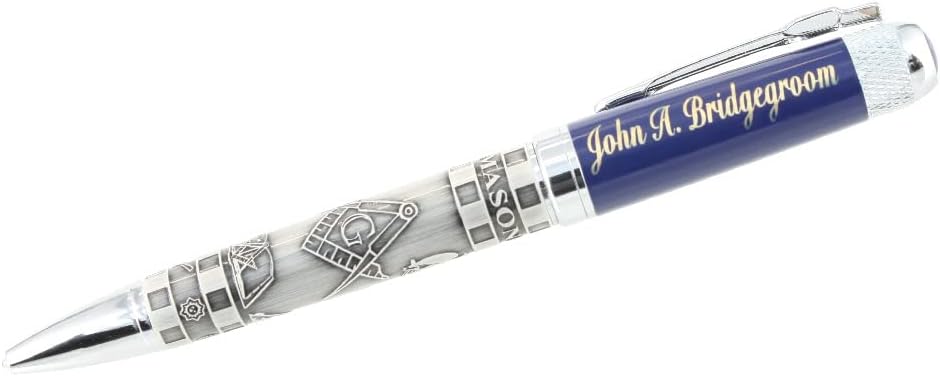 Personalized Engraved Masonic Embossed Ball Point Ink Pen with Blue Cap, black ink fill