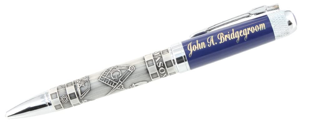Personalized Engraved Masonic Embossed Ball Point Ink Pen with Blue Cap, black ink fill