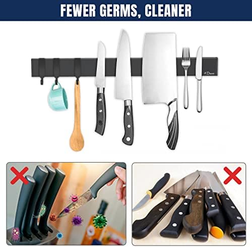 Dmore Magnetic Knife Rack with 3 Hooks-Extra Strong Magnetic Knife Holder Made of Stainless Steel, Optional Installation with Self Adhesive 3M Tape or Screws, Black Knife Strip for Knives, 40 cm