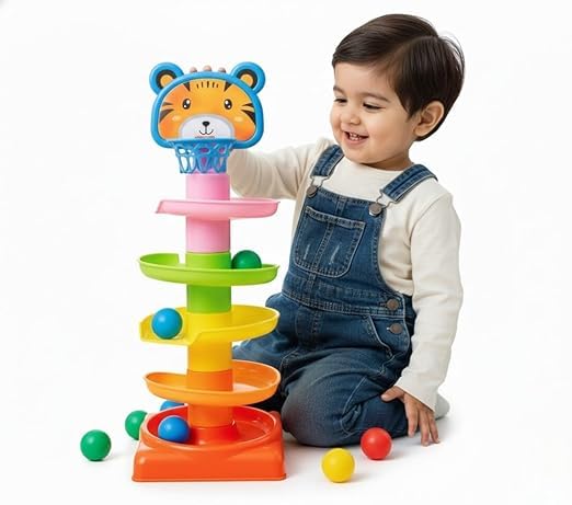 lastn 4 layer ball drop tower for kids | swirling ramp rolling ball toy with 4 colorful balls | motor skill & hand-eye coordination activity toy for babies & toddlers (ages 1-5 years)