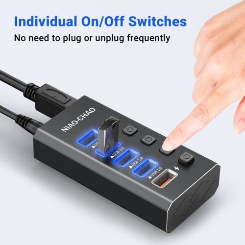 Powered Usb Hub [Durable Aluminum] Usb Hub 3.0 Powered, Individual Switch Buttons Smart Charging Usb Port Expander Fit For External Hard Drive Electronics Gaming Laptop Desktop Pc #TOP4