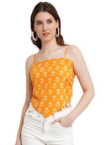 Image of POPWINGS Casual Hankie Cotton Sustainable Bagru Print Crop Top for Women || Square Neck Crop Top for Women || Sleeveless Crop Top for Women || Cotton Women Crop Top for Summer