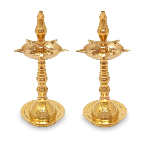 BENGALEN Brass Diya 10 Inch Kerala Samai Traditional Oil Lamp Deepak Lamp Kutthu vilakku Panchmahal Deepam for Pooja Mandir Diwali Indian Puja Wedding Return Gift Items Set of 2