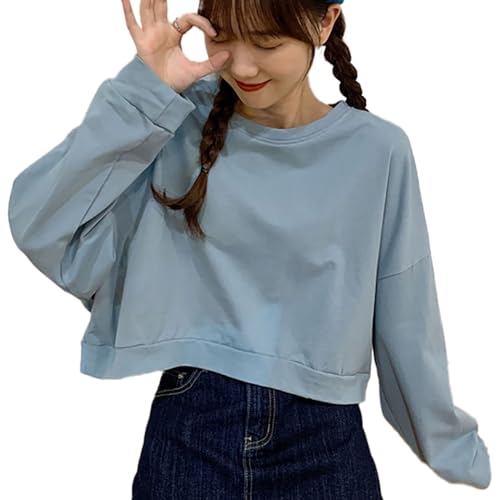 morytrade クロップド スウェットシャツ 長袖 ラウンドネック レディース (XL, ブルー)