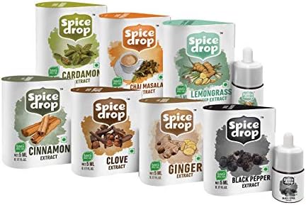 Spice Drop Variety Combo Pack Of 7 (Chai Masala Cardamom Ginger Lemongrass Cinnamon Clove And Black Pepper Extract) 5 ml