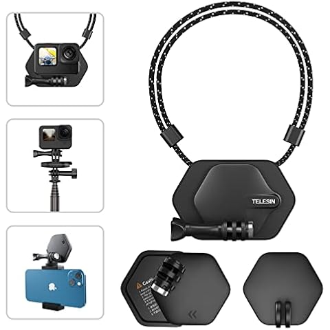 TELESIN Magnetic Snap Strap Holder Neck & Chest Mount for GoPro Hero 11/10/9/8/7/Mini, Insta360 Series, DJI Action, with 360° Quick Release Base, Nano Viscose Mount, Selfie Stick Adapter Kit, Lanyard Cover