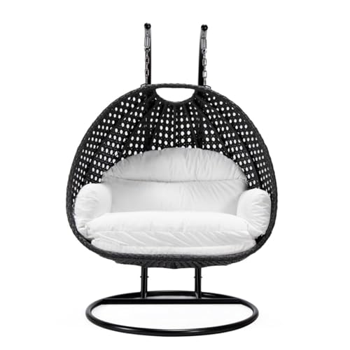 Image of Double Seater Hammock Swing Chair with Stand & Cushion | Heavy Duty Powder Coated Steel Frame | Outdoor Indoor Hanging Swing for Patio Balcony Garden Terrace Living Room (Black-Dark.White)