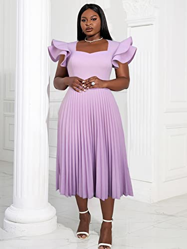 AOMEI Women's Light Purple Square Collar Ruffles Sleeve Pleated Elegant Midi Dress2