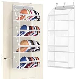 AOODA Clear Over the Door Hat Racks for Baseball Caps, Hold 48 Caps Hat Storage Organizer for Closet Wall, Deep Pockets Hanging Snapback Holder Shelves with 3 Hooks, White