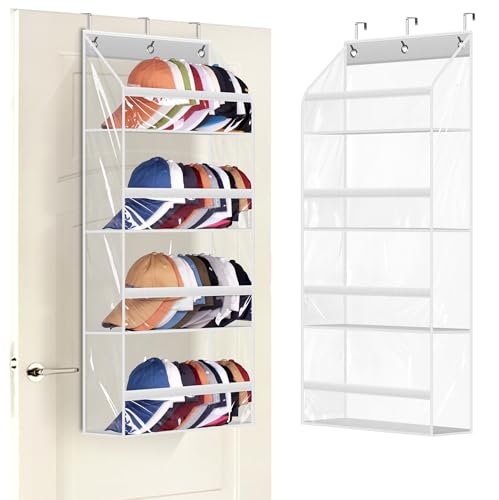 AOODA Clear Over the Door Hat Racks for Baseball Caps, Hold 48 Caps Hat Storage Organizer for Closet Wall, Deep Pockets Hanging Snapback Holder Shelves with 3 Hooks, White by AOODA - Used condition - US$13.59