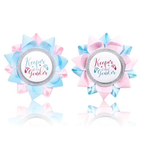2 Pcs Boy or Girl Gender Reveal Party Button Decorations Keeper Of The Gender Button Blue and Pink Grosgrain Ribbon Pinback Buttons for Baby Shower Party Supplies