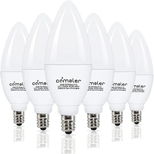 E12 LED Candelabra Bulb, Comzler Ceiling Fan Light Bulbs, 5 Watt (60 Watt Equivalent), Daylight 5000K LED Chandelier Light Bulbs, Candle Bulb Small Base for Chandelier, Non-Dimmable (6 Pack)