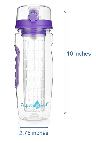 AquaFrut 32 OZ Fruit Infuser Water Bottle BPA-Free Fruit Infusion Sports Bottle - Flip Top Lid w Drinking Spout, Leak Proof, Made of Durable Tritan. Free Recipe eBook! (Purple)