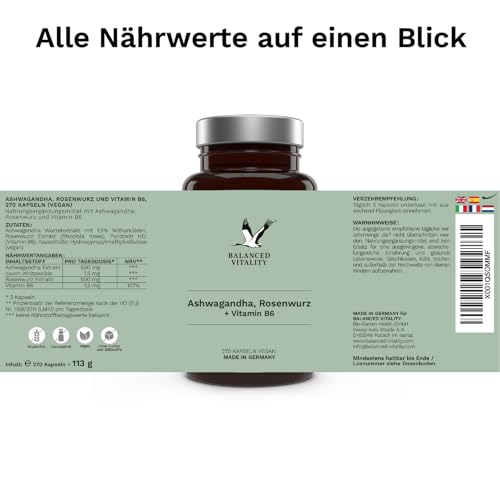 Ashwagandha Kapseln - mit Rosenwurz & Vitamin B6-270 vegane Kapseln für 3 Monate - indische Schlafbeere - ohne Zusatzstoffe - laborgeprüft - Balanced Vitality – Bild 6