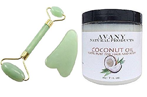 Gua Sha Skincare 3 Pc Set - Organic Coconut Oil + Gua Sha Face and Body Massage Roller Scraper Tools, Lymphatic Drainage & Detox (Gua Sha Tools)