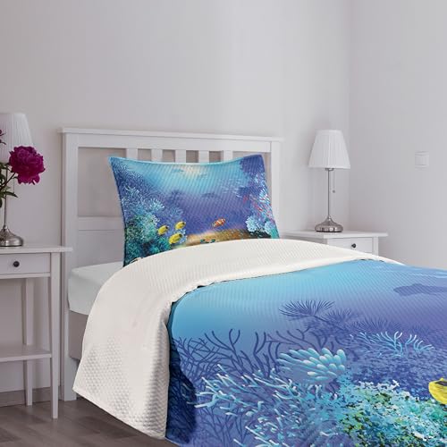Colcha de diseño océano profundo acolchada con elegantes acabados de peces de oro y algas 8