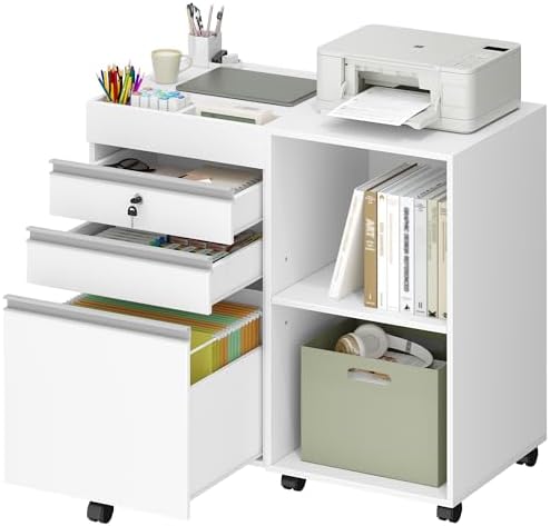 Hzuaneri 3-Drawer Filing Cabinet, Mobile File Cabinet with Lock, Office Storage with Open Storage Shelves, Fits A4, Legal, Letter, for Home, Office and School, 40 x 80 x 65 cm, White, FC42003X