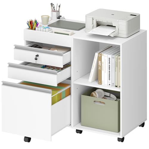 Hzuaneri Rollcontainer, mobiler Aktenschrank, Büroschrank mit 3 Schubladen, 2 offenen Fächern, Schubladenschrank mit verstellbarem Hängeregistratur, für DIN A4, Letter, Büro, Homeoffice, weiß FC42003X