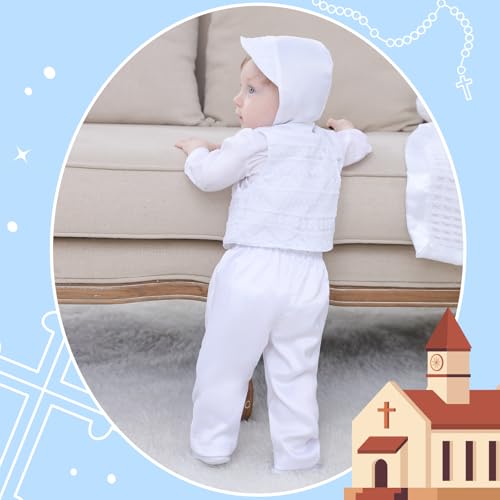 Booulfi Taufanzug Junge Baby Taufkleid Taufanzug Junge Anzug Baby Jungen Bekleidungs Taufe Geschenk Gentleman Set mit weißen Hemden Weste Hosen Schuhe Kappe 0-3 Monate