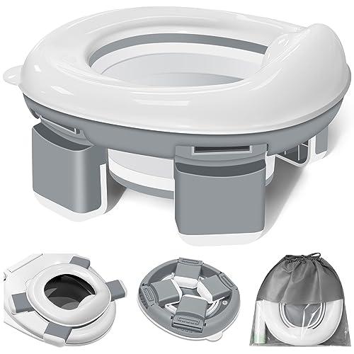 Portable Travel Potty Training Toilet Chairs, 3-in-1 Toddler Potty Seat Foldable WC Trainer Seat with Splash Guard Easy to Clean, Camping Collapsible Toilet for Toddlers with 20pcs Potty Liners, Grey