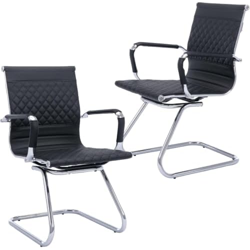 HNY Office Guest & Reception Chairs Set of 2 - PU Leather Waiting Room Chairs with Arms - Desk Chair No Wheels 400LB Capacity Sled Base, Modern Conference Chair for Home Office, Lobby, Salon