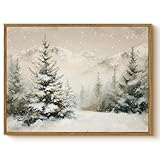 Vintage Winter Snow Mountain Wall Art 12x16 Framed Canvas Print, Snowy Pine Tree Forest Landscape Painting, Rustic Neutral Christmas Living Room Bedroom Entryway Farmhouse Holiday Home Decor