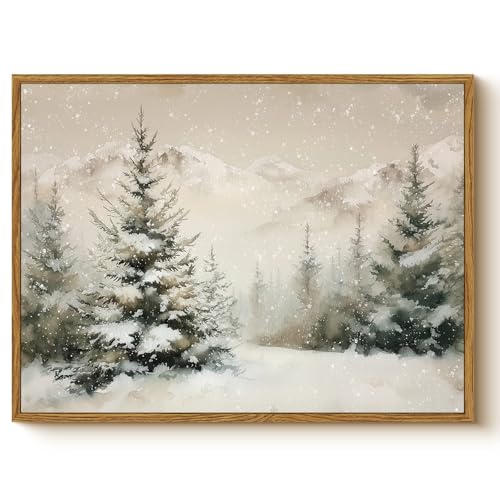 Vintage Winter Snow Mountain Wall Art 12x16 Framed Canvas Print, Snowy Pine Tree Forest Landscape Painting, Rustic Neutral Christmas Living Room Bedroom Entryway Farmhouse Holiday Home Decor