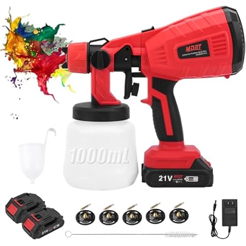 Cordless Spray Paint Gun,Airless Paint Sprayer Paint with 2Pcs 1500mAh Battery，Easy to Clean 5 Nozzles Electric HVLP Paint Sprayer for House Painting,Cabinets,Fences, Decks, Walls, DIY Projects, etc Cover