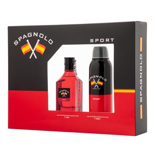 SPAGNOLO - Sport Colónia 75 ml desodorizante em spray 200 ml, estojo de presente para homem, Eau de Toilette natural e masculina, aroma madeiro, fragrância fresca, energética e de longa duração