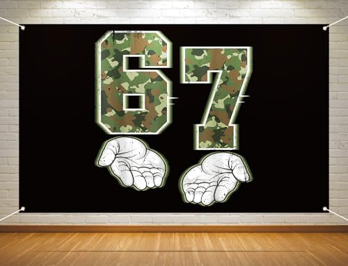 Heyfary Funny 6 7 Meme Birthday Camo Photo Booth Backdrop 67 Hunting Military Six Seven Camouflage Party Decoration Background Banner Wall Decor (Camo, 3.6×5.9ft)