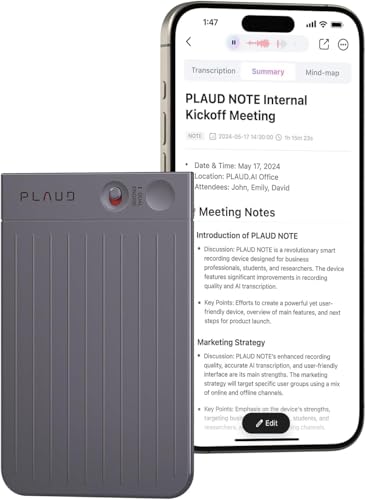 PLAUD NOTE AI Voice Recorder with Case - App Control, Transcribe & Summarize with AI Technology - Support 112 Languages, 64GB Memory, Audio Recorder for Lectures, Meetings, Calls, Black