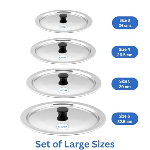 Image of Glossy Steel Lids for Utensils with Knobs | Melt-Free with a Good Gripsteel Lid for Kadai and Other Utensils | Round, Rust Resistant Steel (4 Pcs Set, Large)