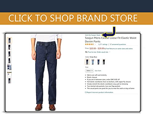 Soojun Mens Casual Loose Fit Elastic Waist Denim Pants, Deep Blue, 32W x 32L