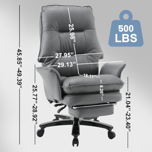 Image of Big and Tall Office Chair 500LBS, Ergonomic Gaming Chair Reclining Office Chair with Foot Rest for Adult,Pu Leather Computer Desk Chair with Adjustable Armrests for Home Living Room,Grey